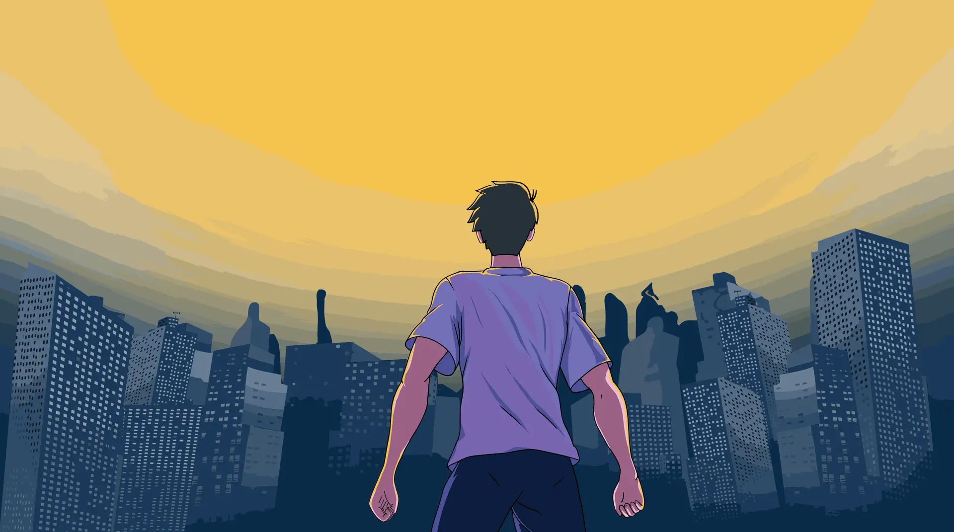 2D cinematic art of a boy standing in front of buildings with big yellow sky