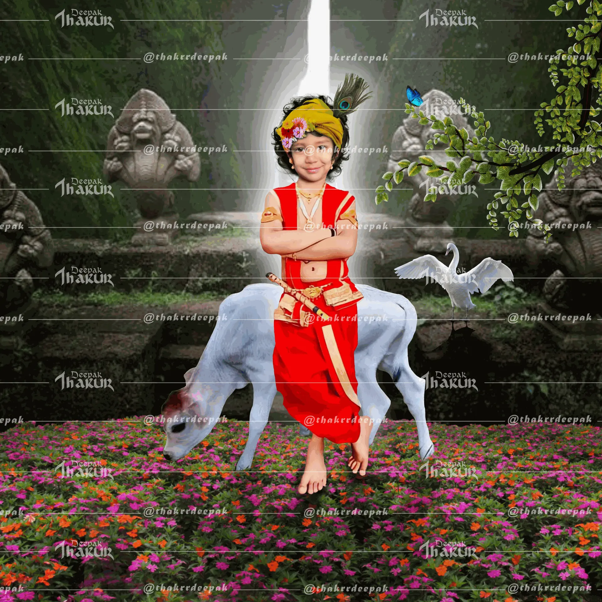 Concept art of transforming a boy into Lidl krishna with a mythical background